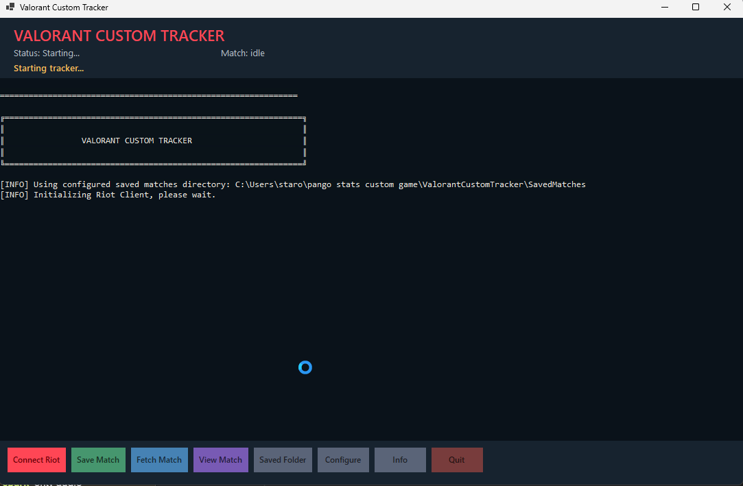 Valorant Custom Tracker desktop app with connect, save, and fetch controls