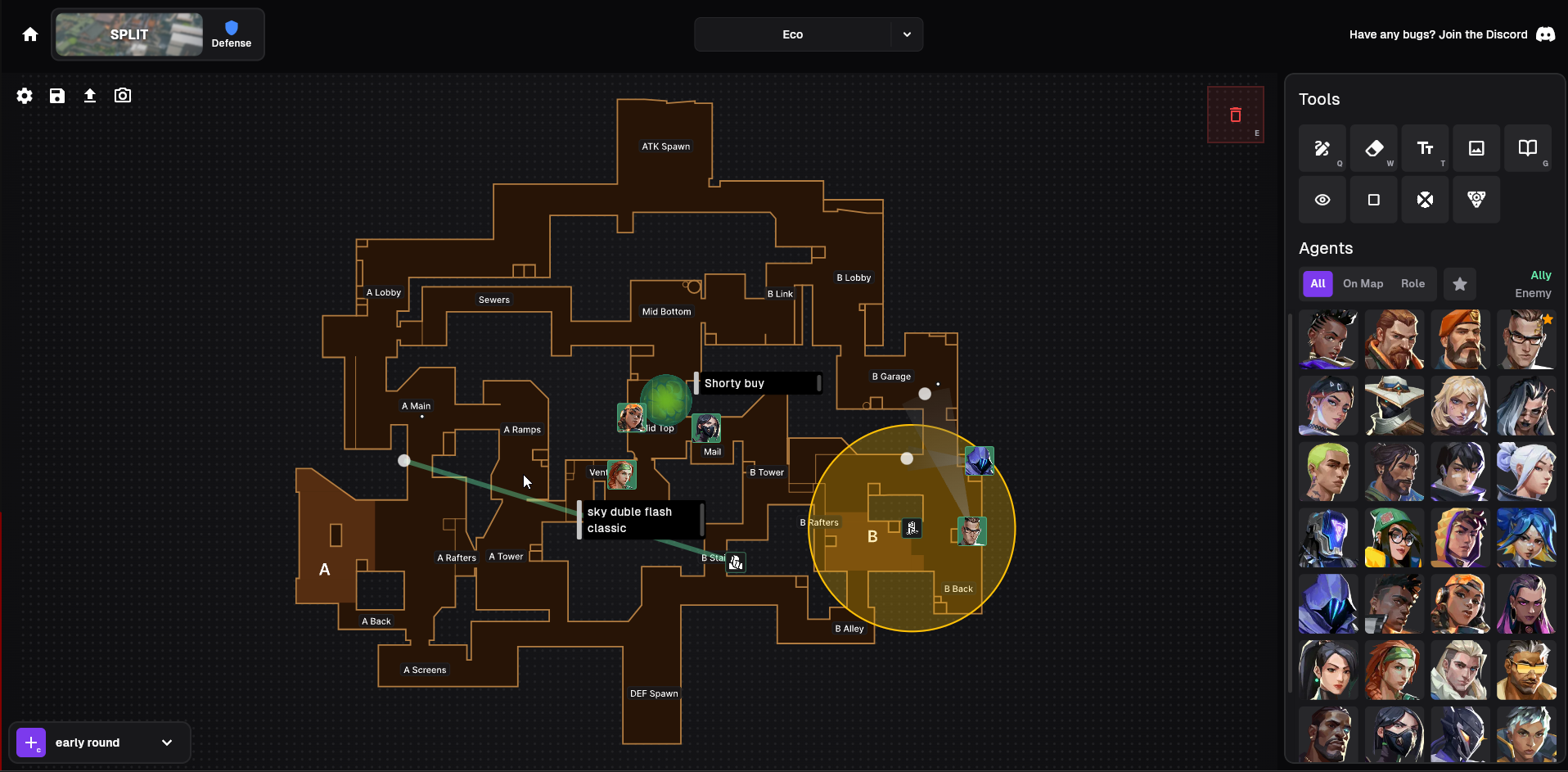 Strategy library grid and interactive Split map board with agent placements