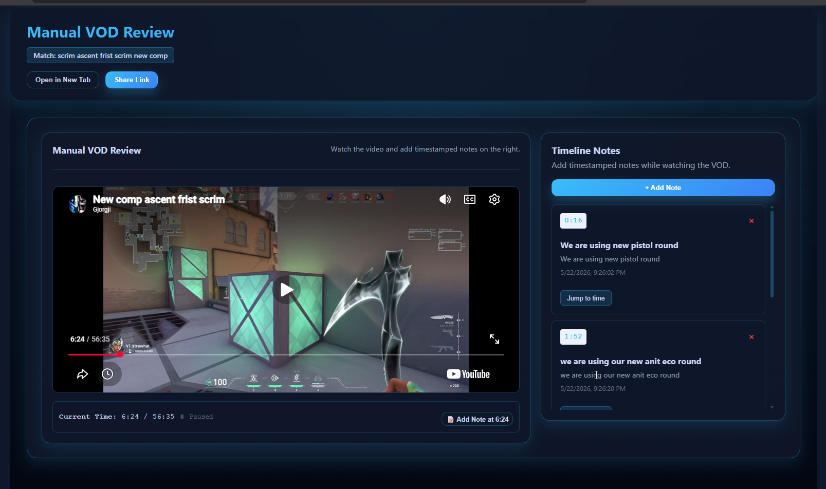 Manual VOD review tool with YouTube player and timestamped timeline notes